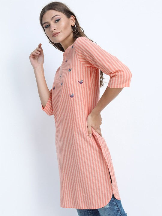 Women Blue Striped Embroidered Straight Tunic