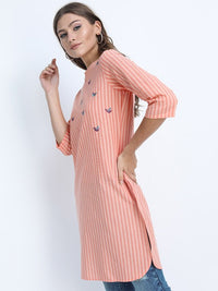 Thumbnail for Women Blue Striped Embroidered Straight Tunic