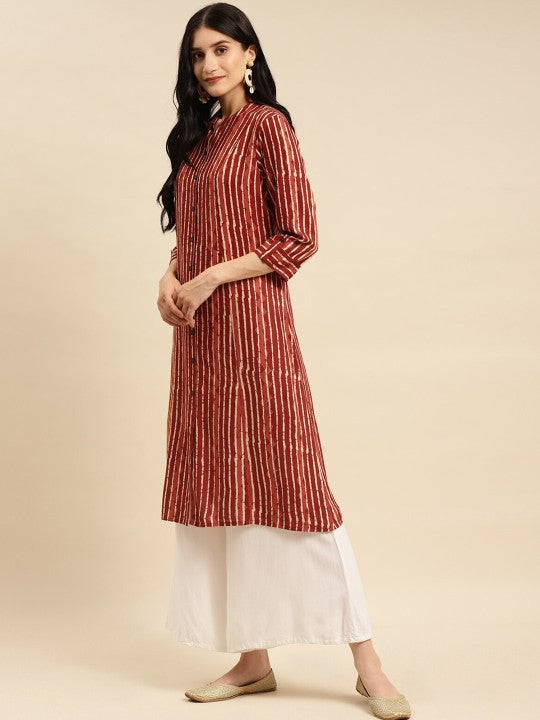 round-neck-striped-printed-roll-up-sleeve-a-line-kurta