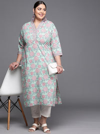 Thumbnail for women-plus-size-blue-&-pink-pure-cotton-floral-printed-floral-kurta