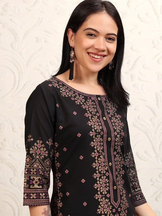 women-black-&-golden-printed-straight-kurta