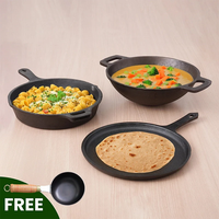 Thumbnail for the-indus-valley-castrong-cast-iron-cookware-set:-tadka-pan-+-cast-iron-tawa-with-handle-(pre-seasoned)-+-cast-iron-kadai-wok-model-+-cast-iron-fry-pan,-kitchen-set-for-home,-100%-pure,-toxi