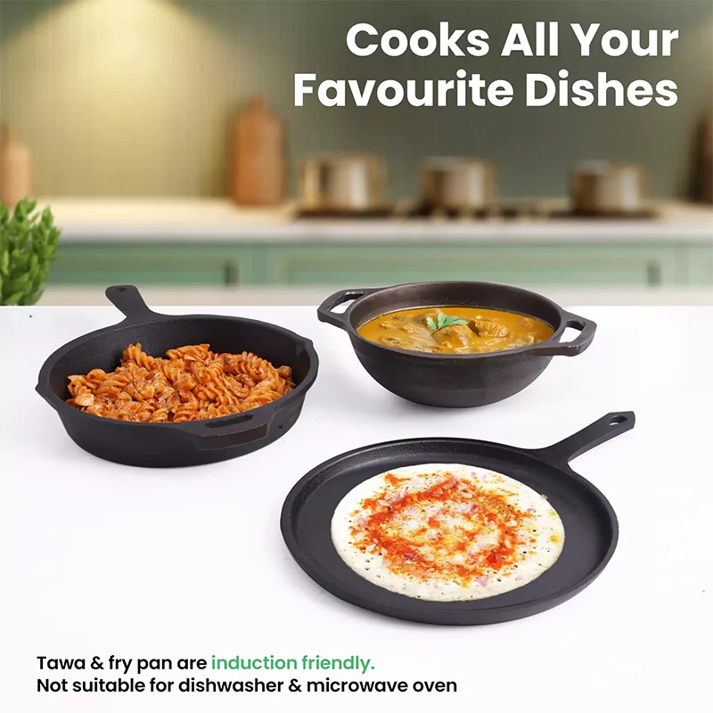 The Indus Valley CASTrong Cast Iron Cookware Set: Tawa + Fry Pan + Wok Kadai, Kitchen set for Home, Pre