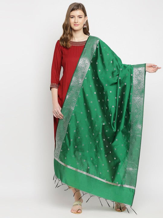 Women Navy Blue & Silver-Toned Woven Design Dupatta