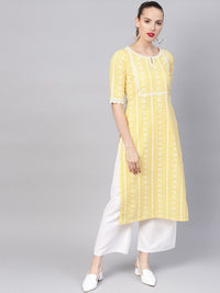 Thumbnail for xyz-women-yellow-&-white-block-print-straight-kurta