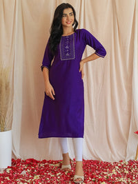 Thumbnail for geometric-embroidered-round-neck-three-quarter-sleeves-thread-work-kurta