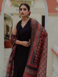 Thumbnail for women-black-ethnic-motifs-pure-cotton-kurta-with-palazzos-&-dupatta