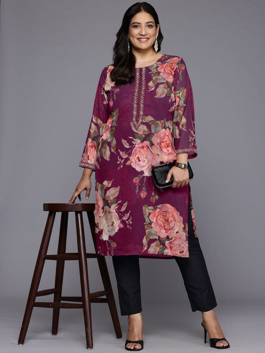 Plus Size Floral Printed Georgette Kurta