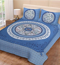 Thumbnail for vamika-printed-cotton-beautiful-blue-&-multicolor-bedsheet-with-pillow-covers-(pm-circle-leaf-blue