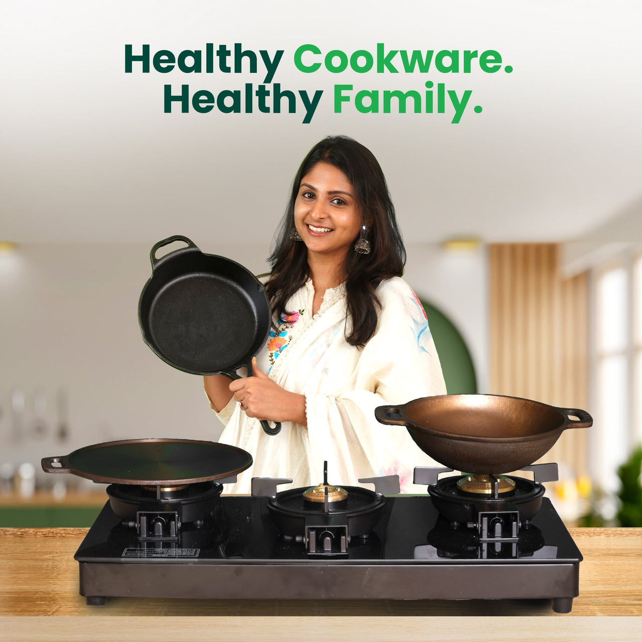 The Indus Valley Super Smooth Cast Iron Set: Frypan+ Kadai+ Tawa, Kitchen set for Home, Nonstick, 100% Pure,Toxin