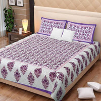 Thumbnail for vamika-printed-cotton-white-&-purple-bedsheet-with-pillow-covers-(leoc_gmla_pr
