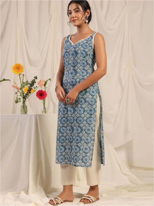 Women Yellow & White Pure Cotton Floral Printed Floral Kurta