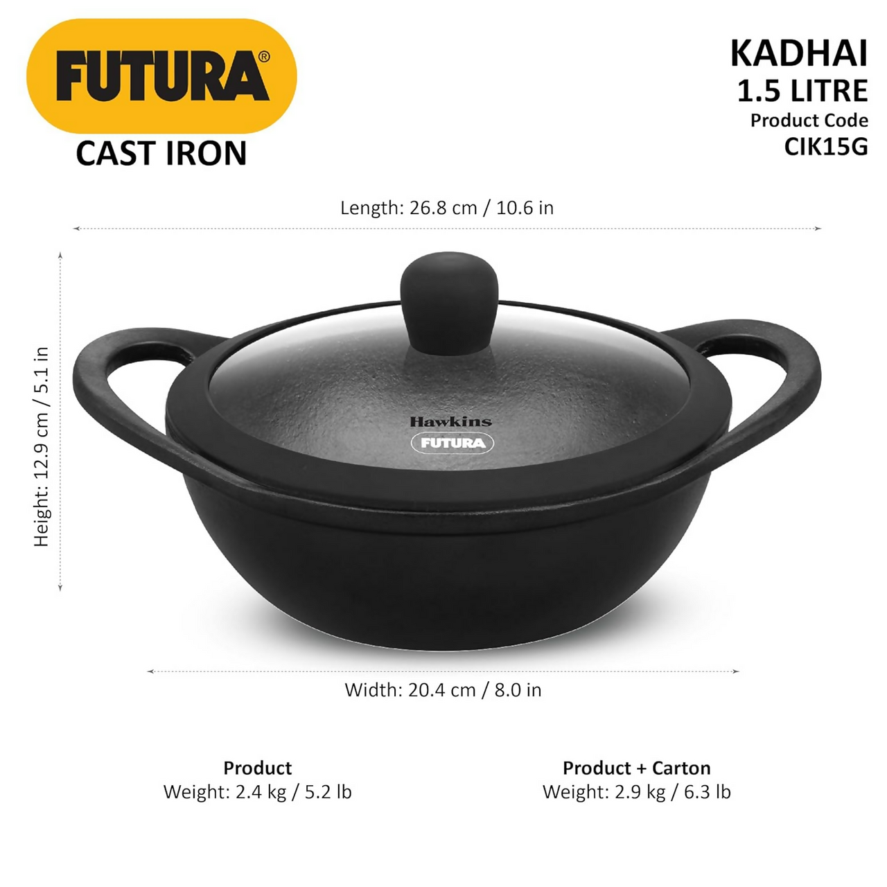 Hawkins Futura Cast Iron Nonstick Kadai with Glass Lid