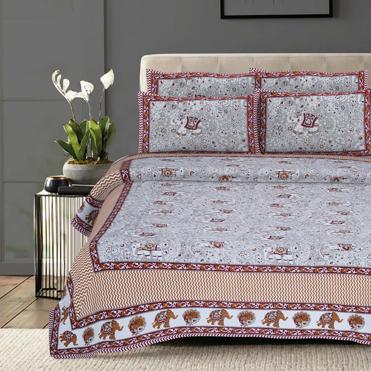 Rudra Bazaar Grey 210 TC Cotton Double King Bedsheet With 2 Pillow Covers