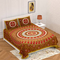 Thumbnail for vamika-printed-circleambi-brown-cotton-bedsheet-with-pillow-covers-(pm-circleambi-brown
