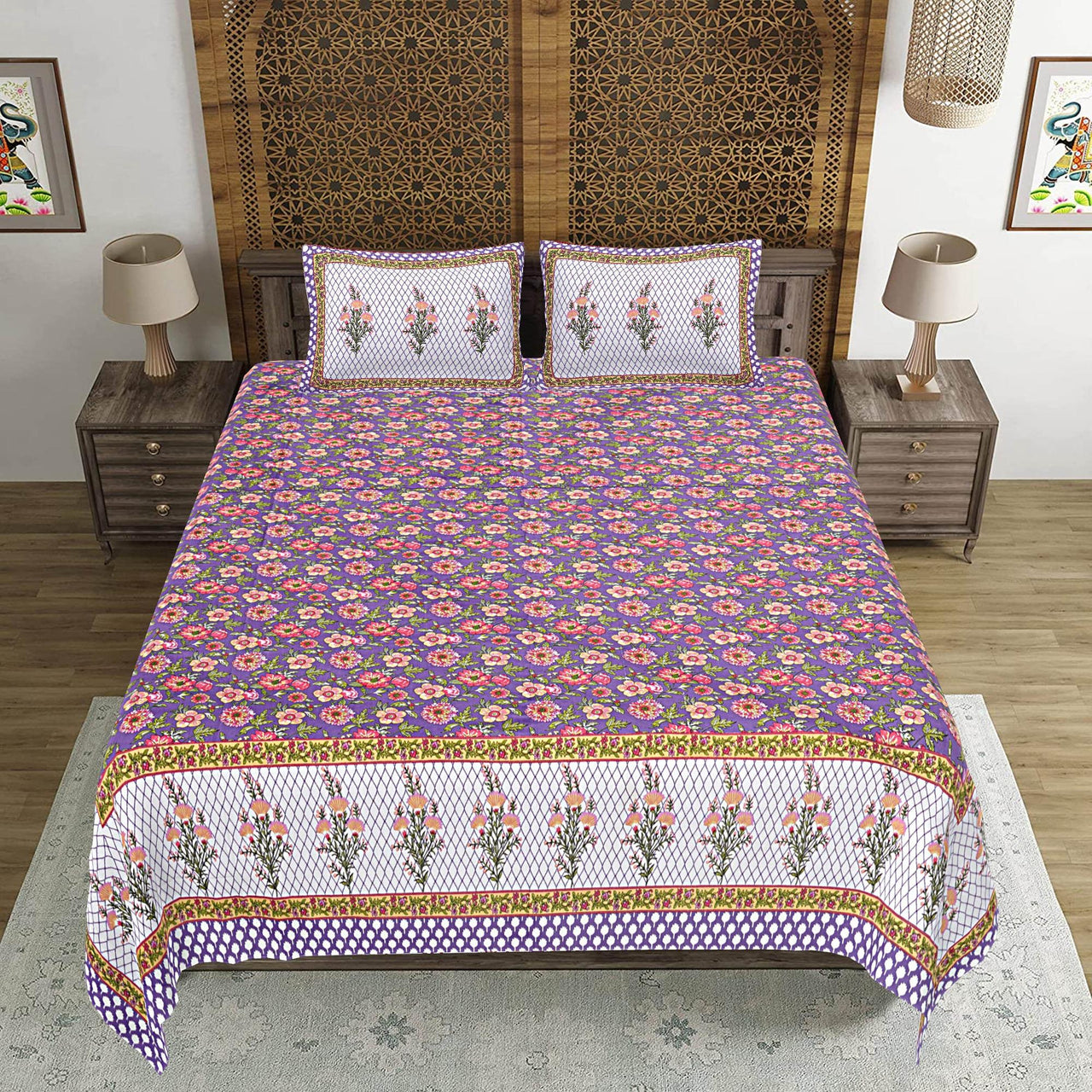 Rudra Bazaar Purple 210 TC Cotton Double King Bedsheet With 2 Pillow Covers