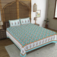 Thumbnail for rudra-bazaar-turquoise-blue-210-tc-cotton-double-king-bedsheet-with-2-pillow-cover