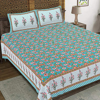 Thumbnail for Rudra Bazaar Turquoise Blue 210 TC Cotton Double King Bedsheet With 2 Pillow Covers