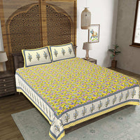 Thumbnail for rudra-bazaar-yellow-210-tc-cotton-double-king-bedsheet-with-2-pillow-cover