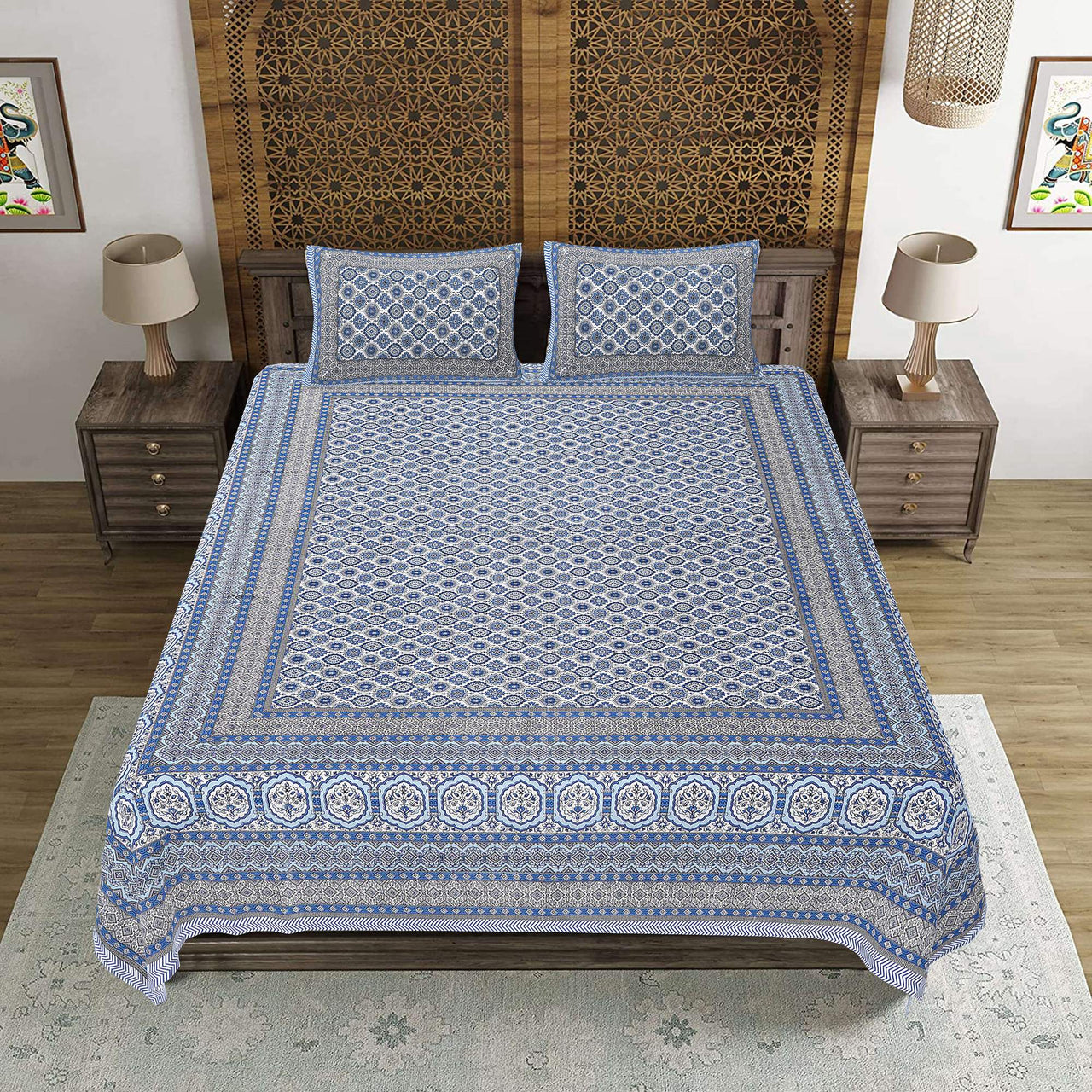 Rudra Bazaar Blue 210 TC Cotton Double King Bedsheet With 2 Pillow Covers