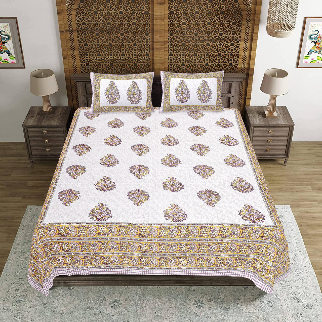 Rudra Bazaar Purple Gold 210 TC Cotton Double King Bedsheet With 2 Pillow Covers