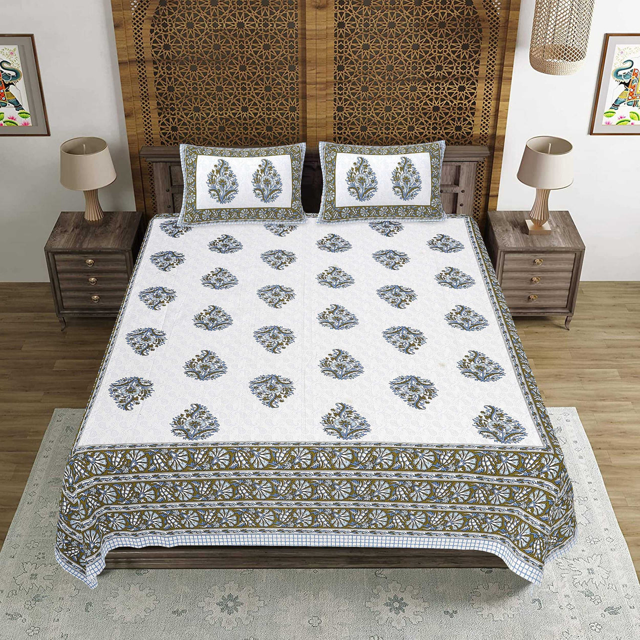 Rudra Bazaar Blue Green 210 TC Cotton Double King Bedsheet With 2 Pillow Covers