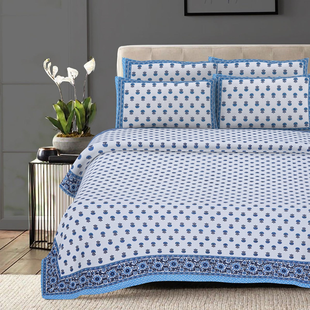 Rudra Bazaar Blue 210 TC Cotton Double King Bedsheet With 2 Pillow Covers