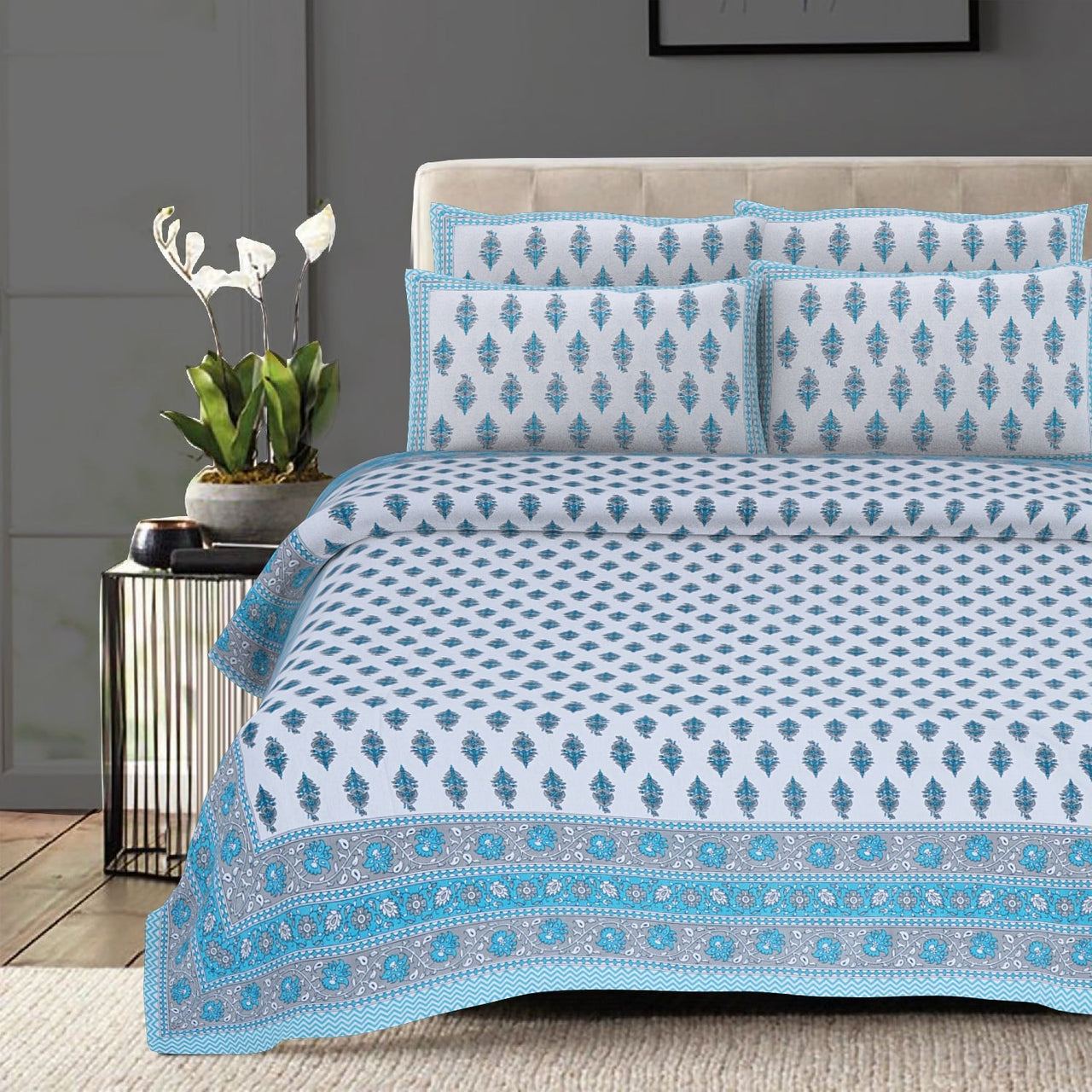 Rudra Bazaar Turquoise Blue 210 TC Cotton Double King Bedsheet With 2 Pillow Covers