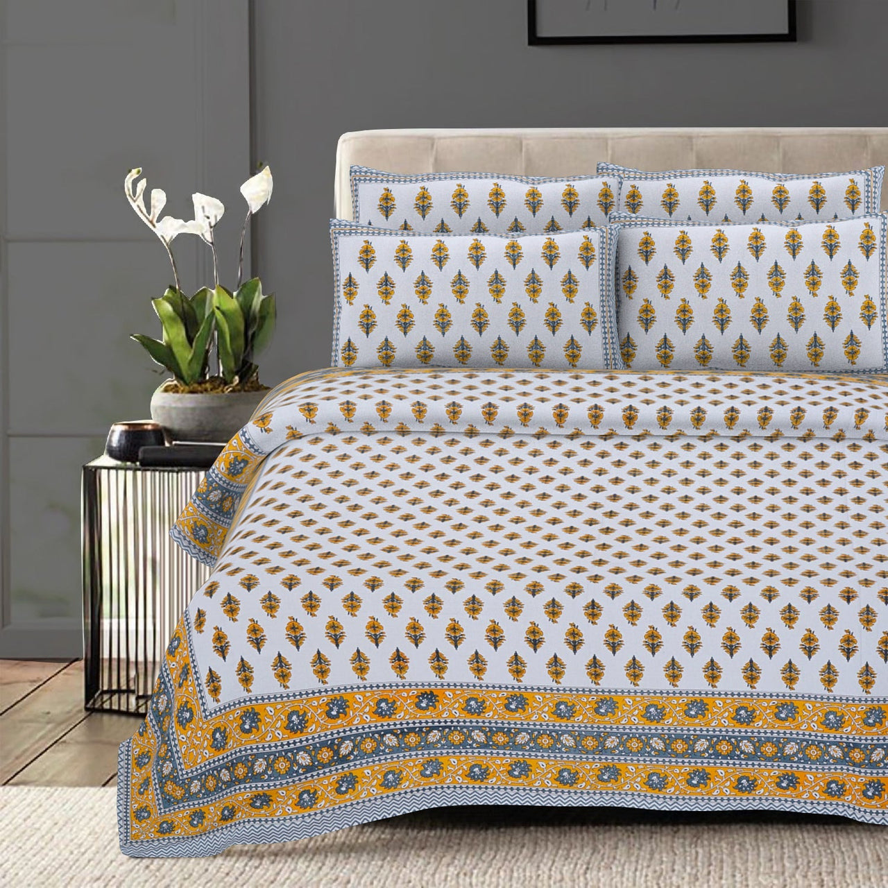 Rudra Bazaar Yellow 210 TC Cotton Double King Bedsheet With 2 Pillow Covers
