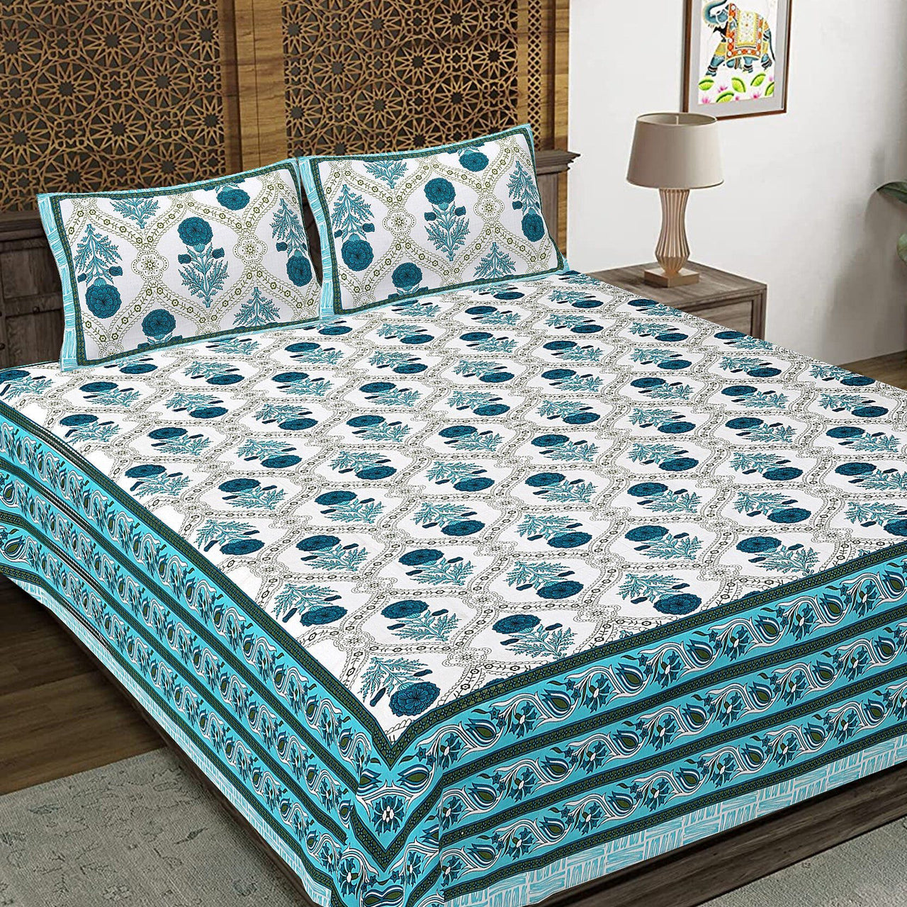 Rudra Bazaar Turquoise Blue 210 TC Cotton Double King Bedsheet With 2 Pillow Covers