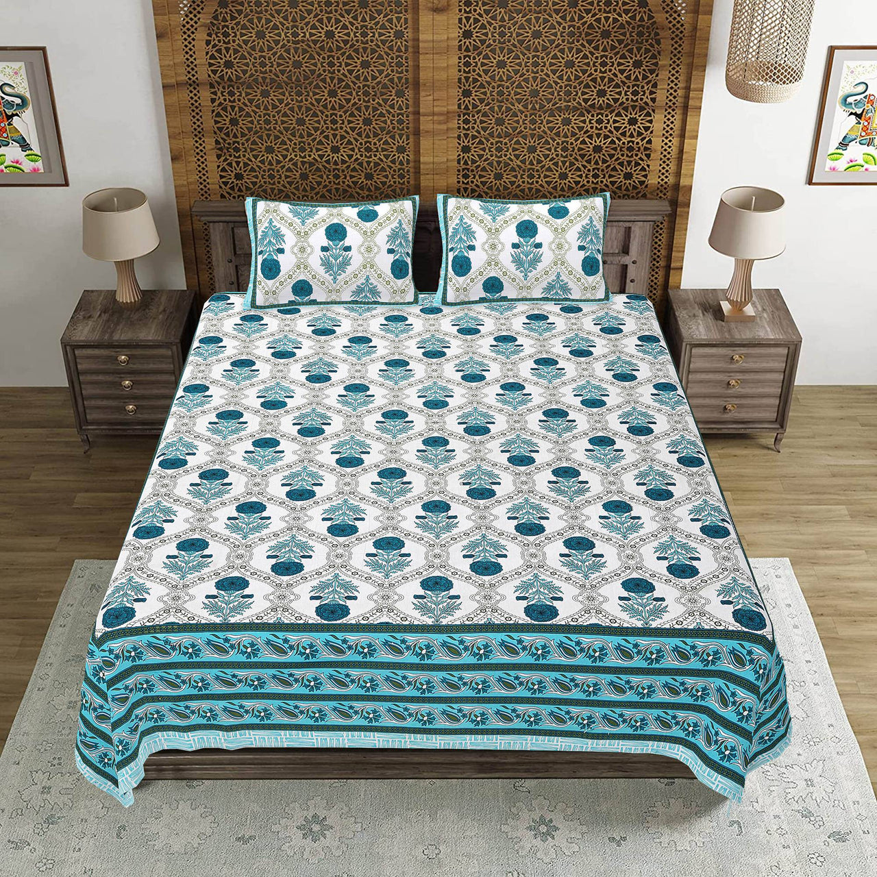 Rudra Bazaar Turquoise Blue 210 TC Cotton Double King Bedsheet With 2 Pillow Covers
