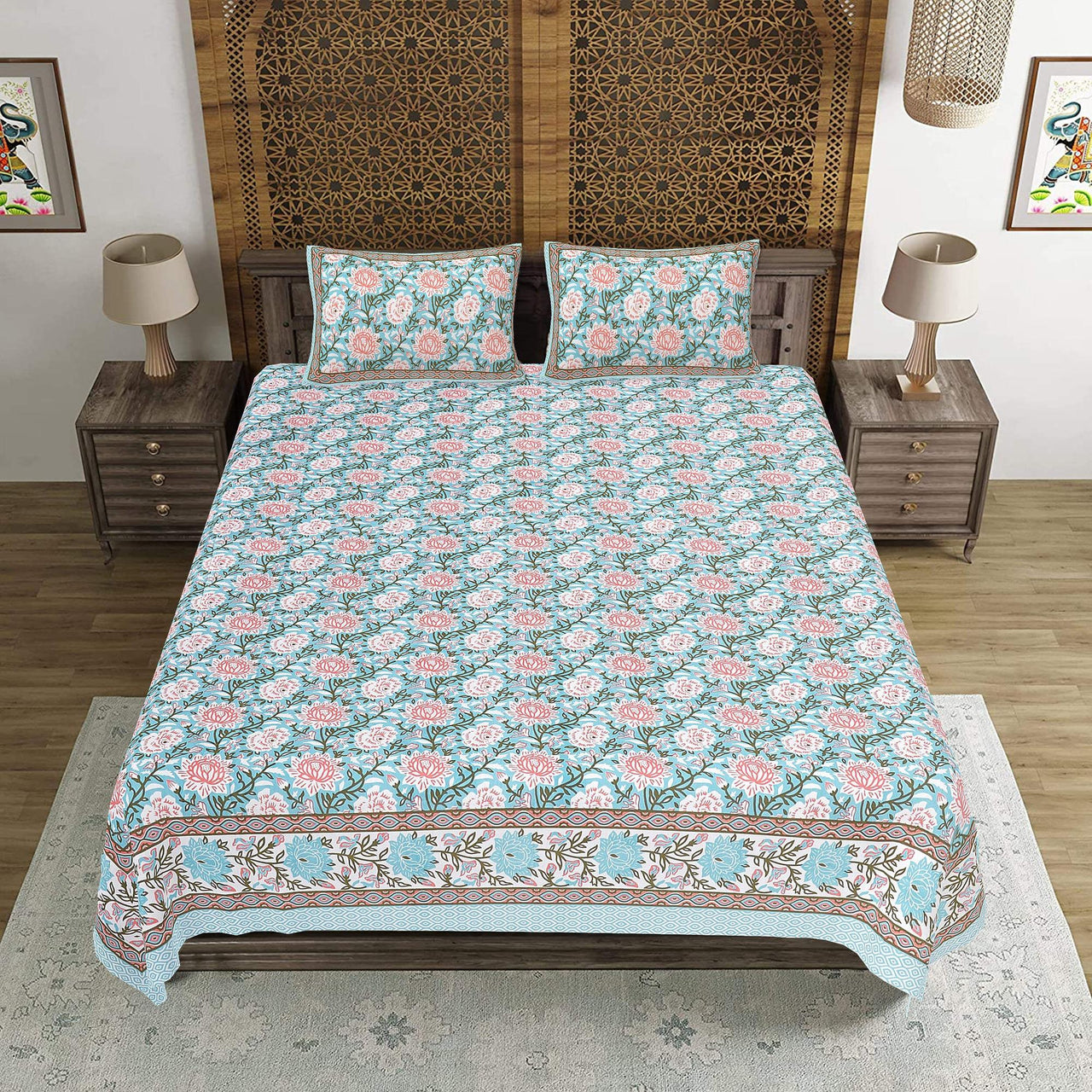 Rudra Bazaar Blue 210 TC Cotton Double King Bedsheet With 2 Pillow Covers