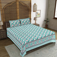 Thumbnail for rudra-bazaar-sea-green-210-tc-cotton-double-king-bedsheet-with-2-pillow-cover