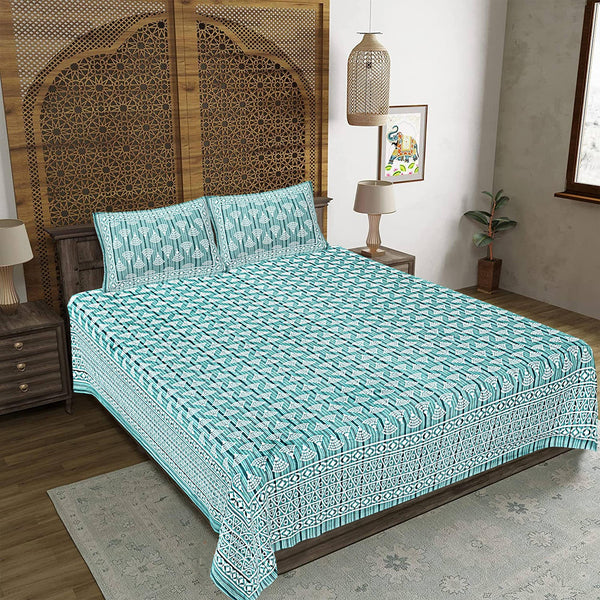 rudra-bazaar-sea-green-210-tc-cotton-double-king-bedsheet-with-2-pillow-cover