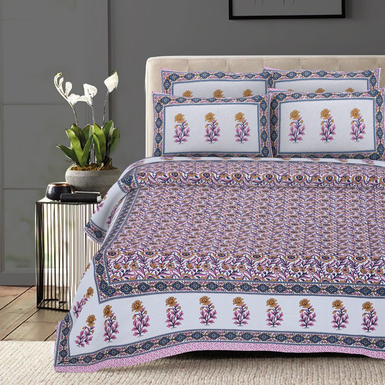 Rudra Bazaar Pink 210 TC Cotton Double King Bedsheet With 2 Pillow Covers