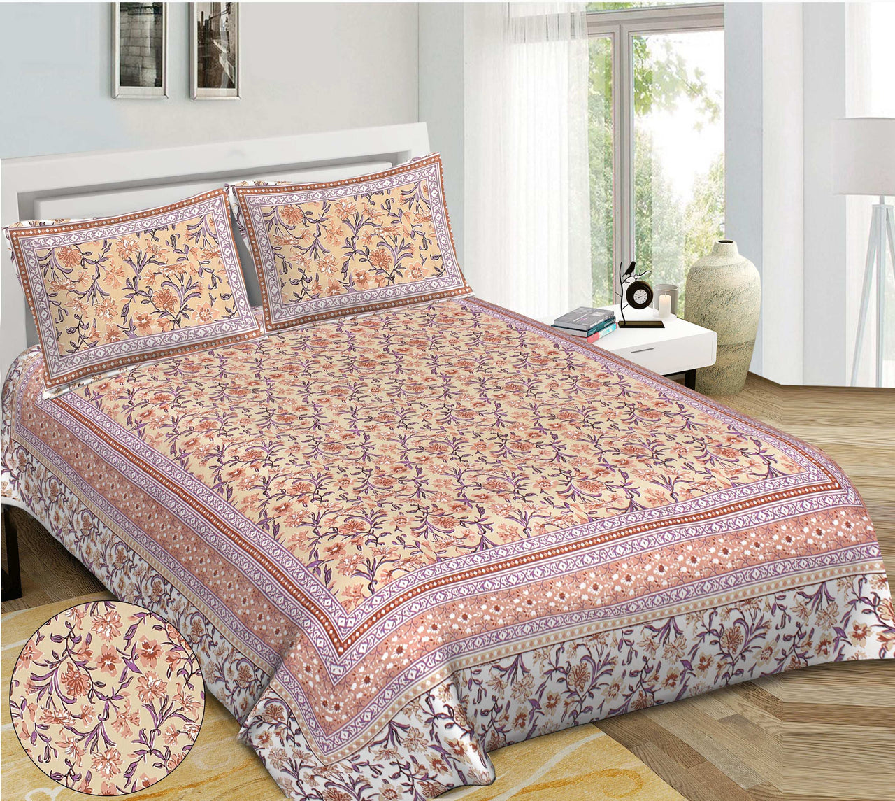 Rudra Bazaar Brown 210 TC Cotton Double King Bedsheet With 2 Pillow Covers