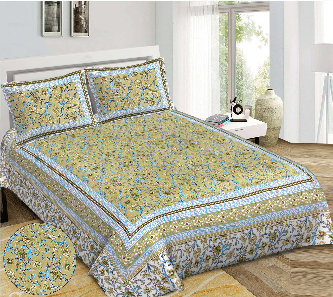 Rudra Bazaar Green 210 TC Cotton Double King Bedsheet With 2 Pillow Covers