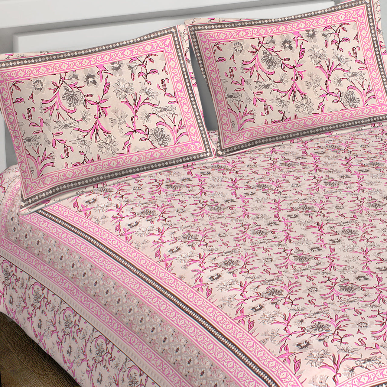 Rudra Bazaar Pink 210 TC Cotton Double King Bedsheet With 2 Pillow Covers