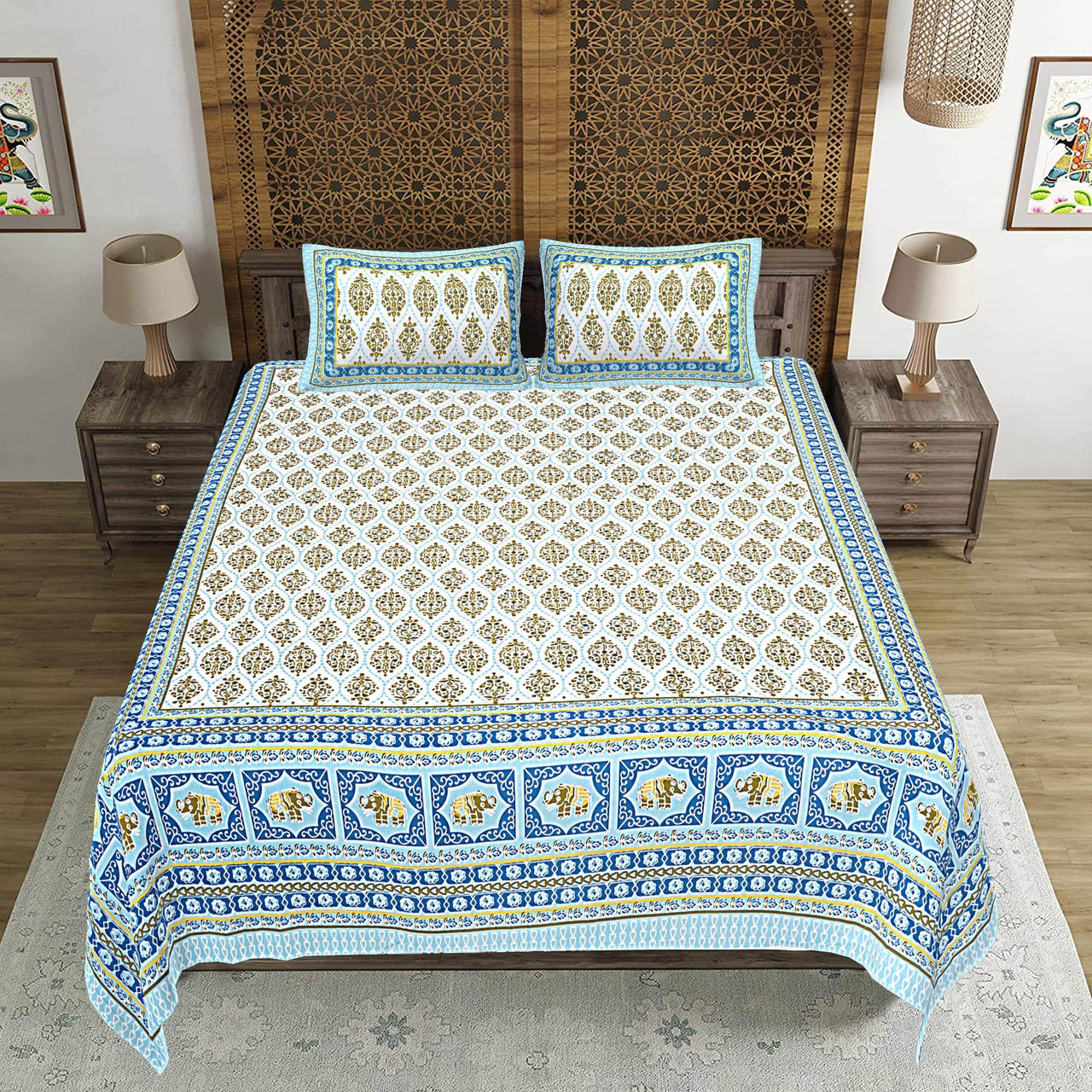 Rudra Bazaar Blue 210 TC Cotton Double King Bedsheet With 2 Pillow Covers