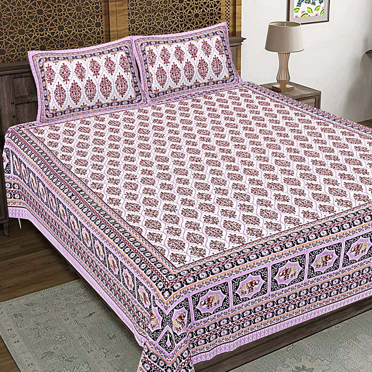 Rudra Bazaar Purple 210 TC Cotton Double King Bedsheet With 2 Pillow Covers