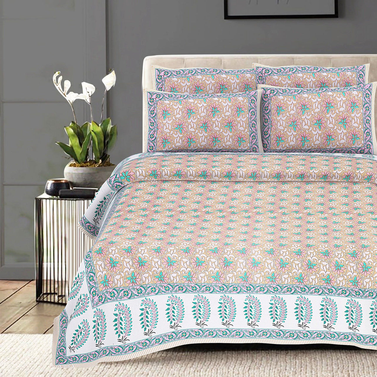 Rudra Bazaar Multi 210 TC Cotton Double King Bedsheet With 2 Pillow Covers