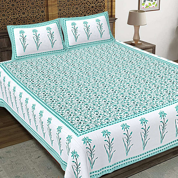 rudra-bazaar-sea-green-210-tc-cotton-double-king-bedsheet-with-2-pillow-cover