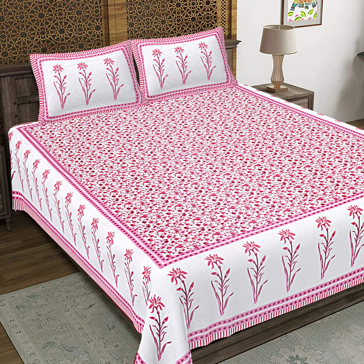 Rudra Bazaar Pink 210 TC Cotton Double King Bedsheet With 2 Pillow Covers
