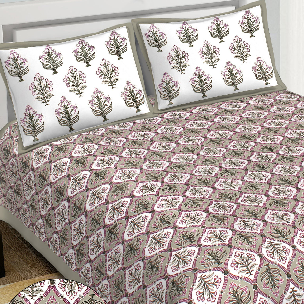 Rudra Bazaar Grey 210 TC Cotton Double King Bedsheet With 2 Pillow Covers