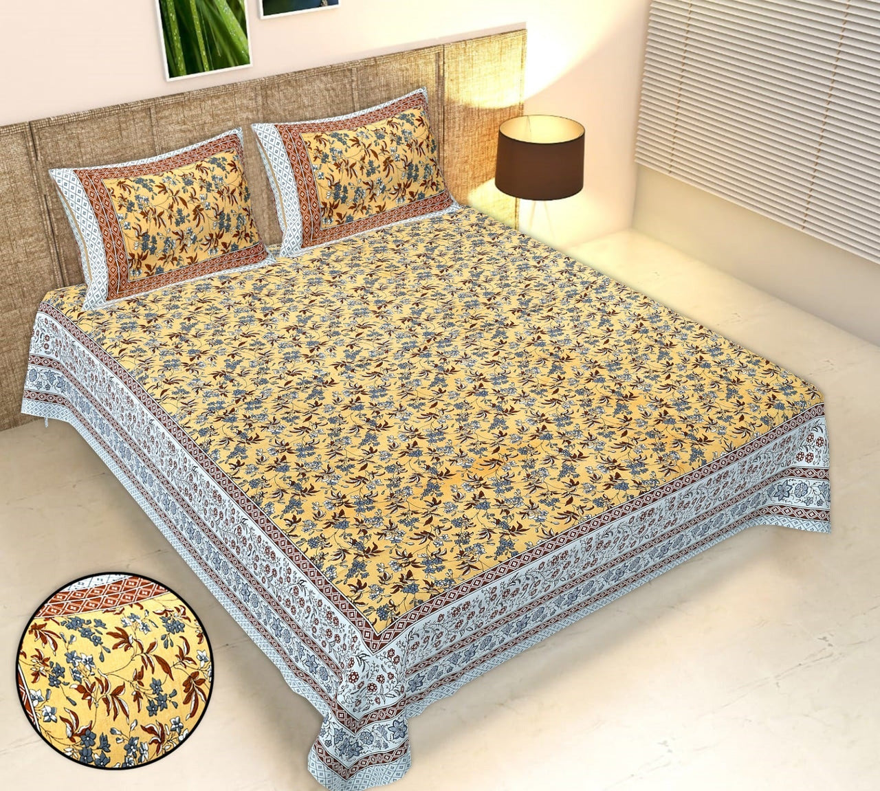 Rudra Bazaar Multicolour 210 TC Cotton Double King Bedsheet With 2 Pillow Covers