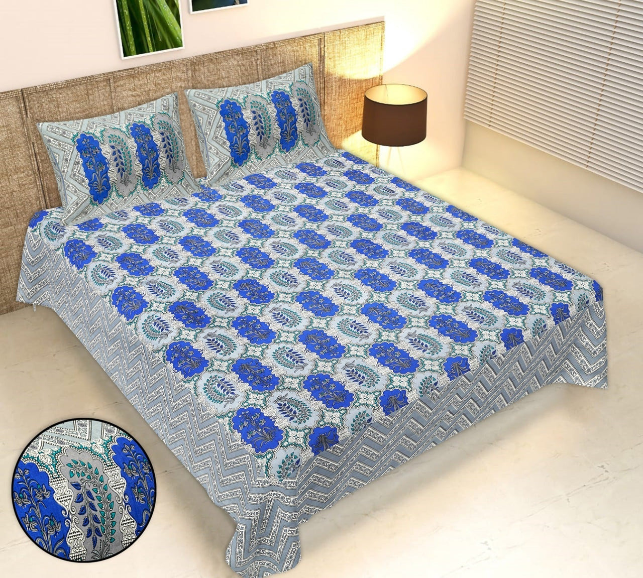 Rudra Bazaar Multicolour 210 TC Cotton Double King Bedsheet With 2 Pillow Covers