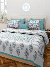 Thumbnail for vamika-printed-white-&-sea-green-cotton-white-bedsheet-with-pillow-covers-(leoc_gmla_sg