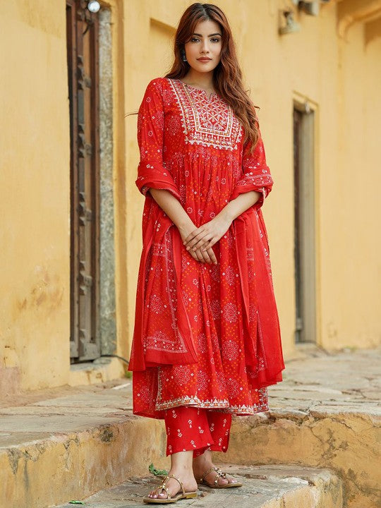 Notch Neck Bandhani Embroidered Regular Thread Work Pure Cotton Kurta Set
