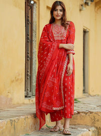 Thumbnail for Notch Neck Bandhani Embroidered Regular Thread Work Pure Cotton Kurta Set