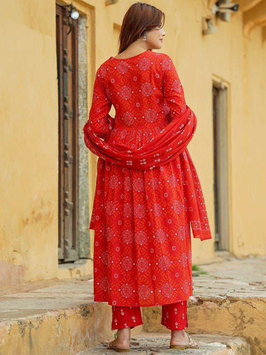 Notch Neck Bandhani Embroidered Regular Thread Work Pure Cotton Kurta Set